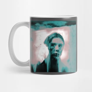 Beautiful woman, near some entrance. Weird, very interesting. Gray, so cool. Mug